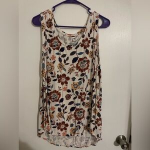 Old Navy Luxe Tank Swing Top, white with blue, tan, and brown flowers, XL